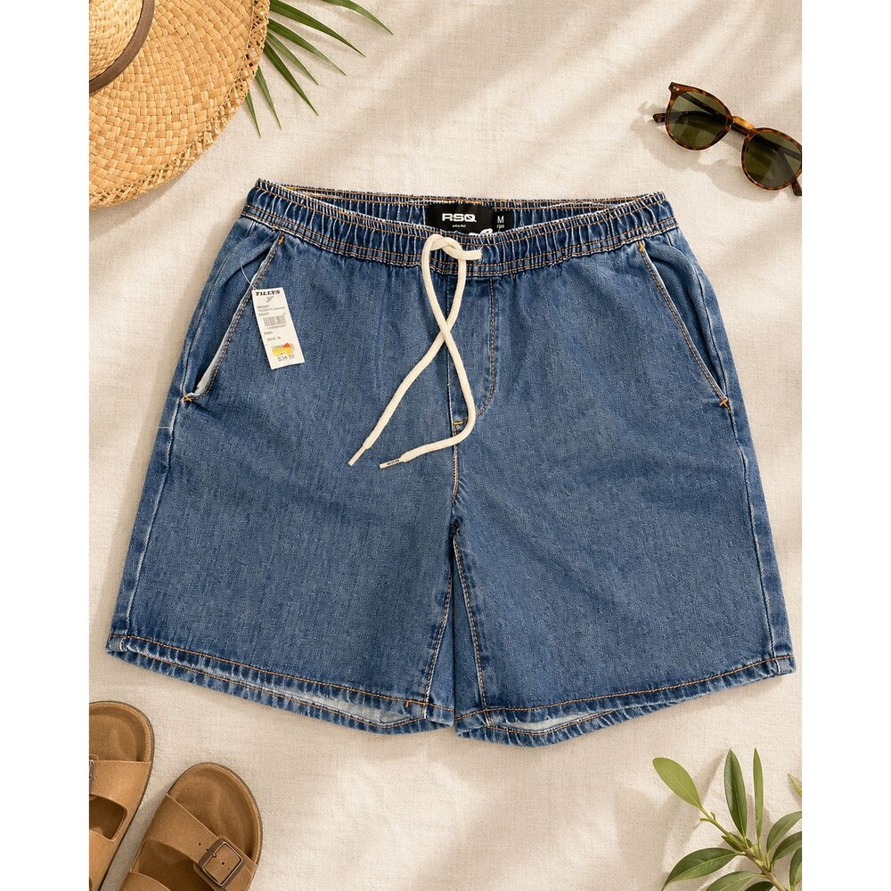 RSQ Mens Pull On Denim Shorts M Blue Drawstring Elastic Waist 100% Cotton NWT